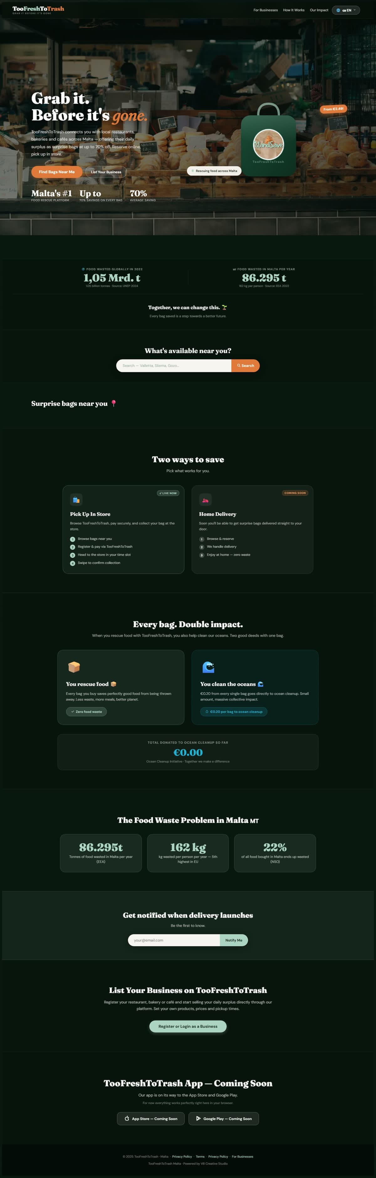 TooFreshToTrash website, full page preview